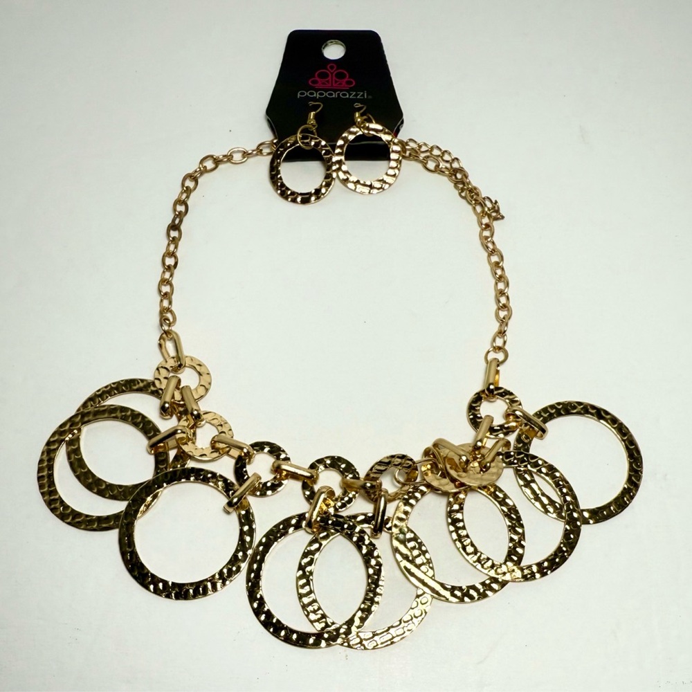 Paparazzi Gold Hammered Hoop Bib Necklace and Matching Hoop Earrings Set